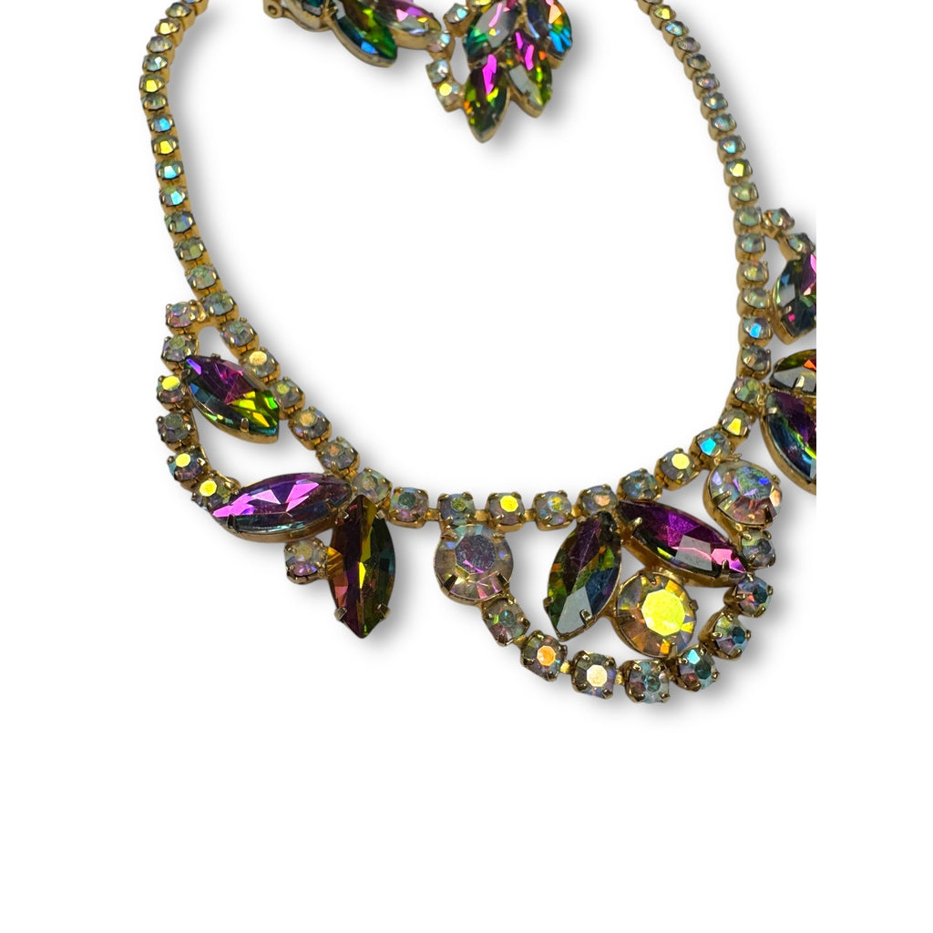 Juliana D&E Rhinestone Necklace Earrings Set AB Watermelon Navette Vintage