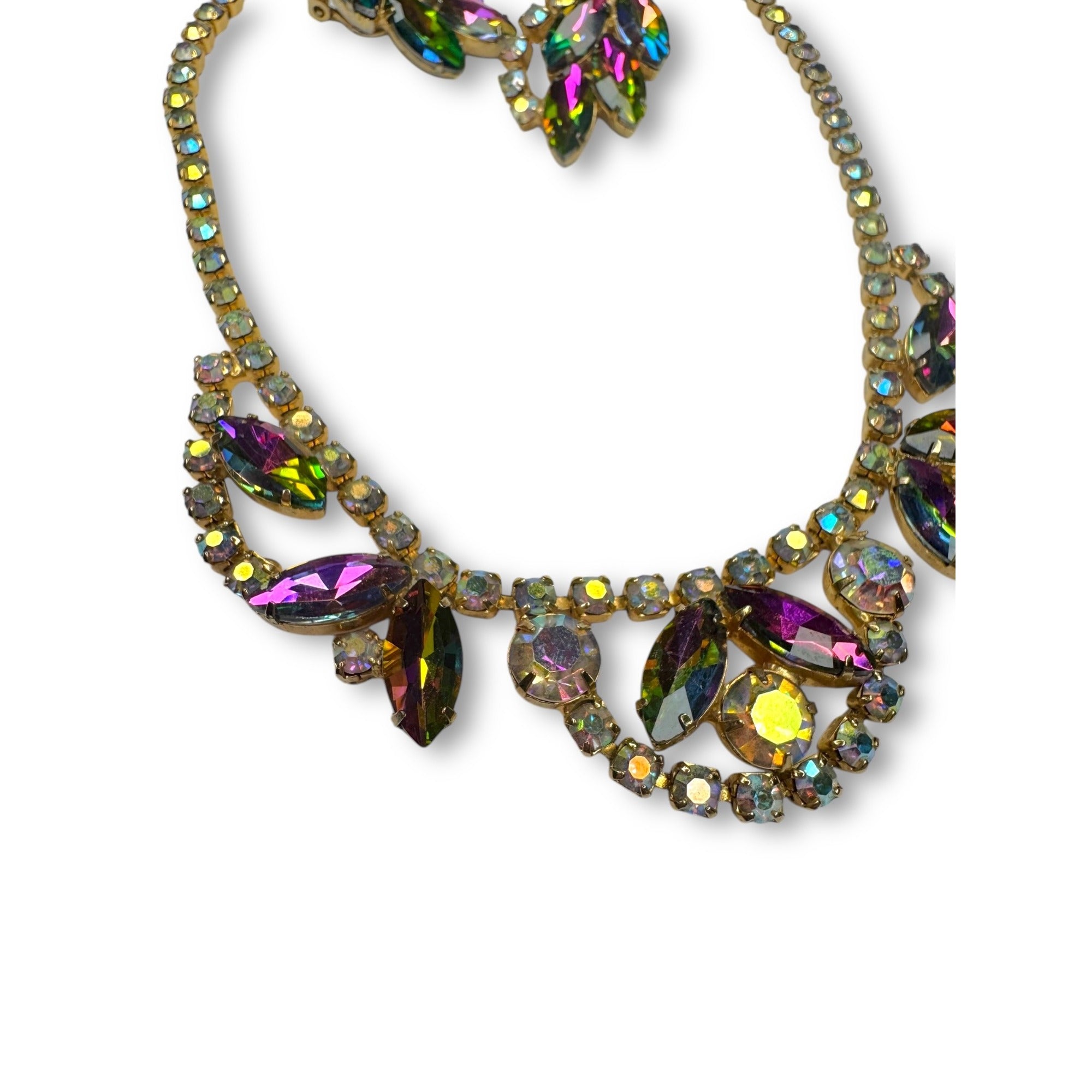 Juliana D&E Rhinestone Necklace Earrings Set AB Watermelon Navette Vintage