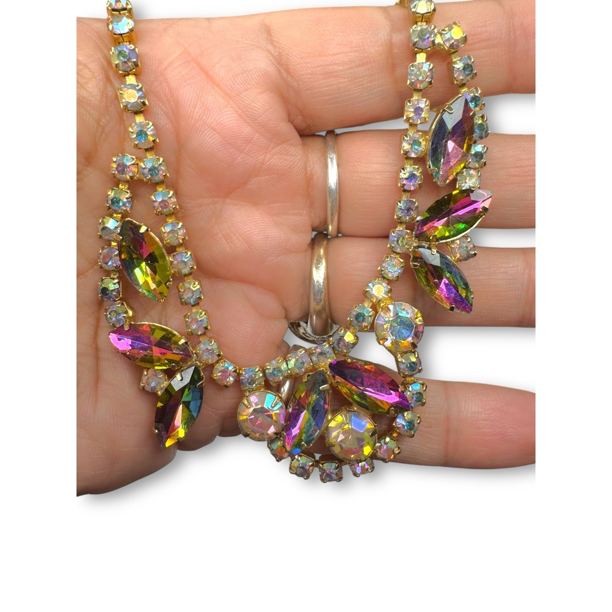 Juliana D&E Rhinestone Necklace Earrings Set AB Watermelon Navette Vintage