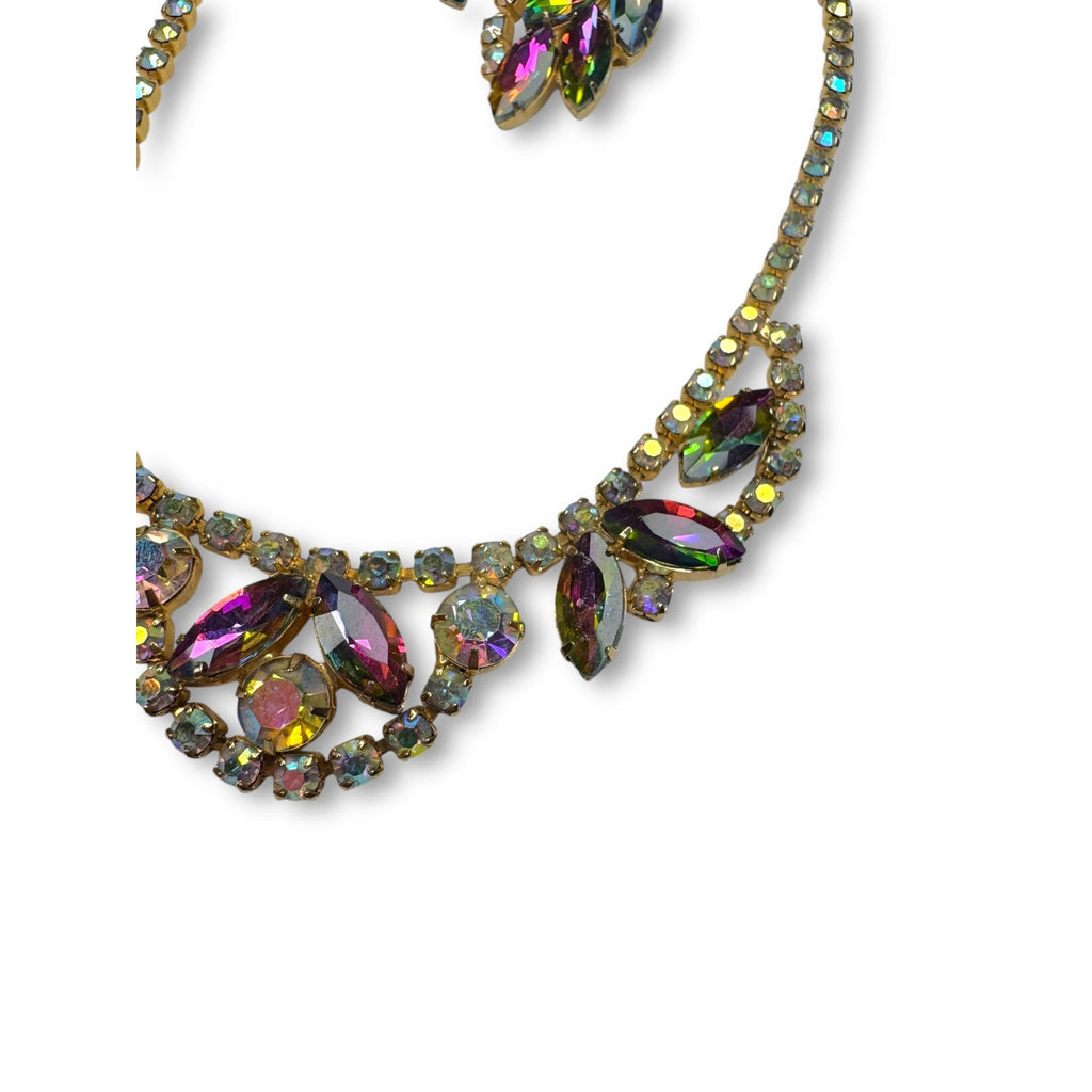 Juliana D&E Rhinestone Necklace Earrings Set AB Watermelon Navette Vintage