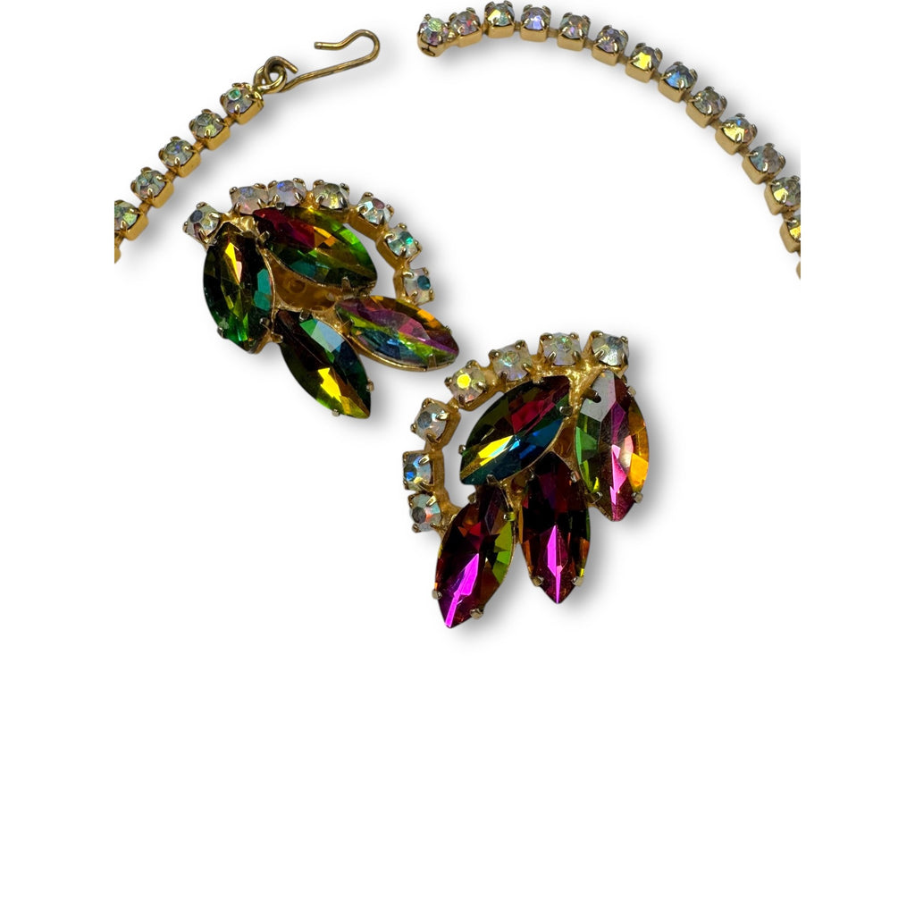 Juliana D&E Rhinestone Necklace Earrings Set AB Watermelon Navette Vintage