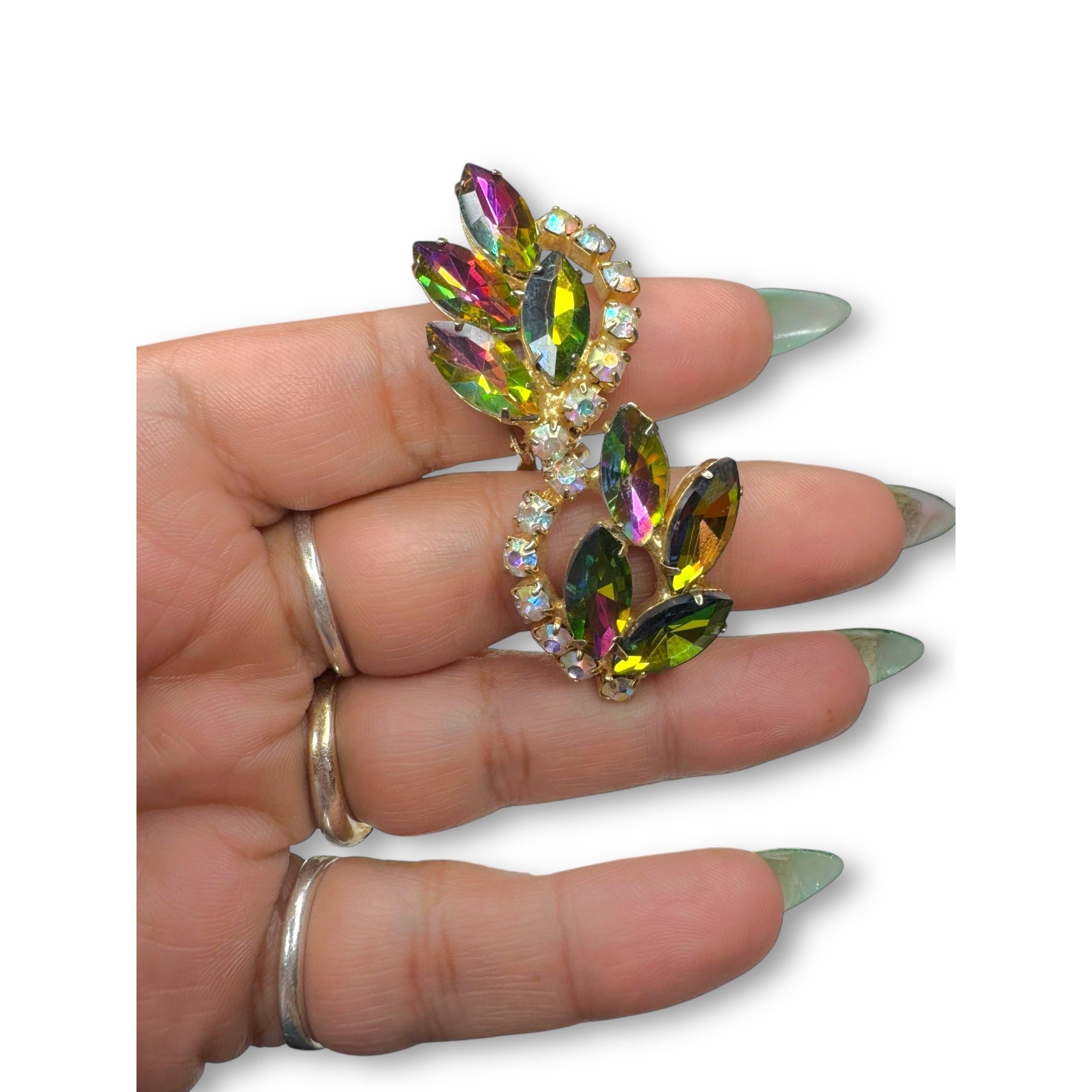 Juliana D&E Rhinestone Necklace Earrings Set AB Watermelon Navette Vintage