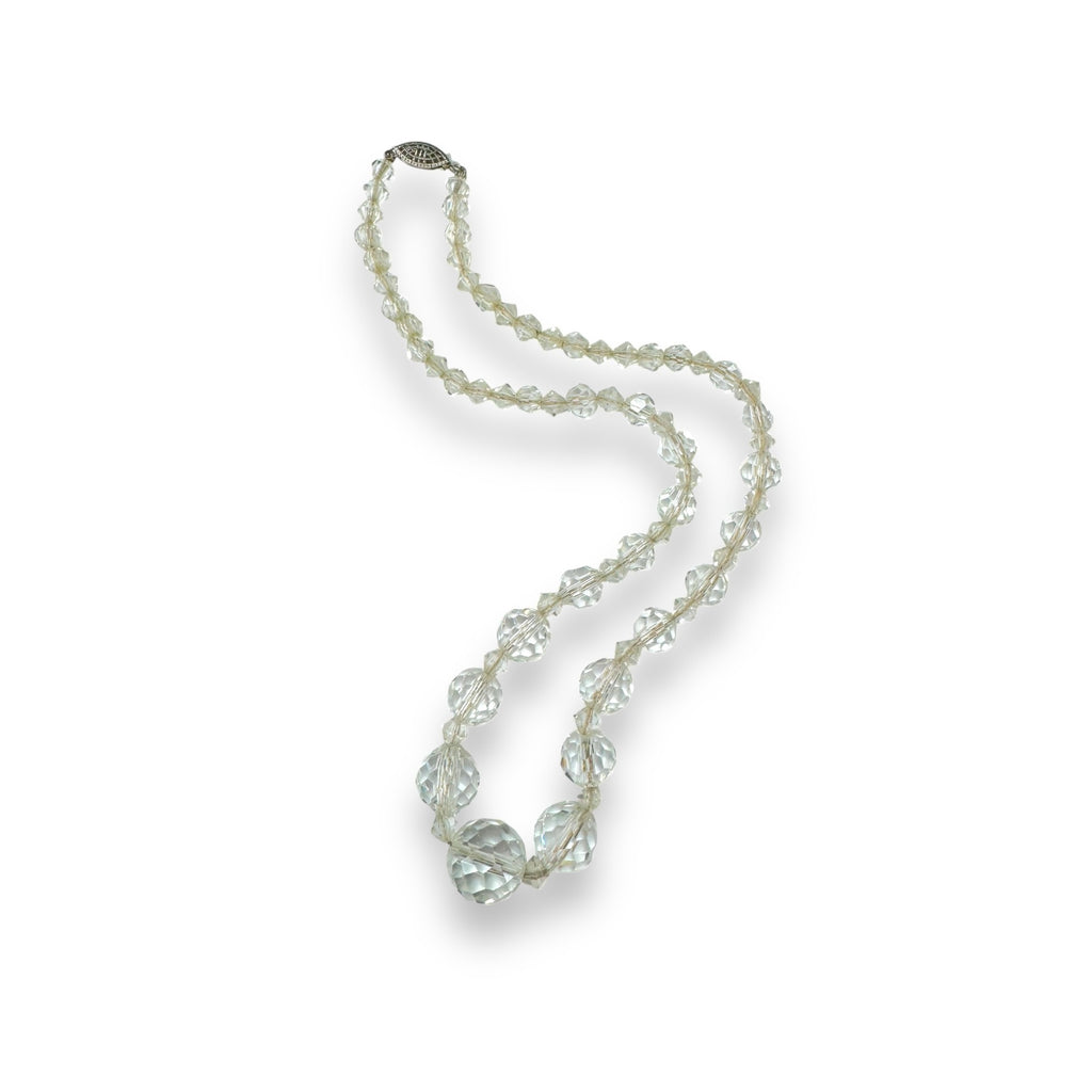 Art Deco Sterling Silver Faceted Crystal Bead Necklace On Chain Antique 16"