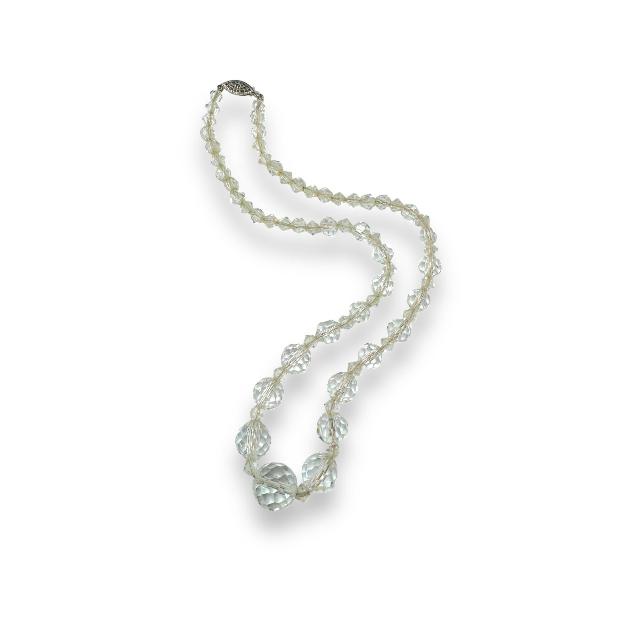 Art Deco Sterling Silver Faceted Crystal Bead Necklace On Chain Antique 16"