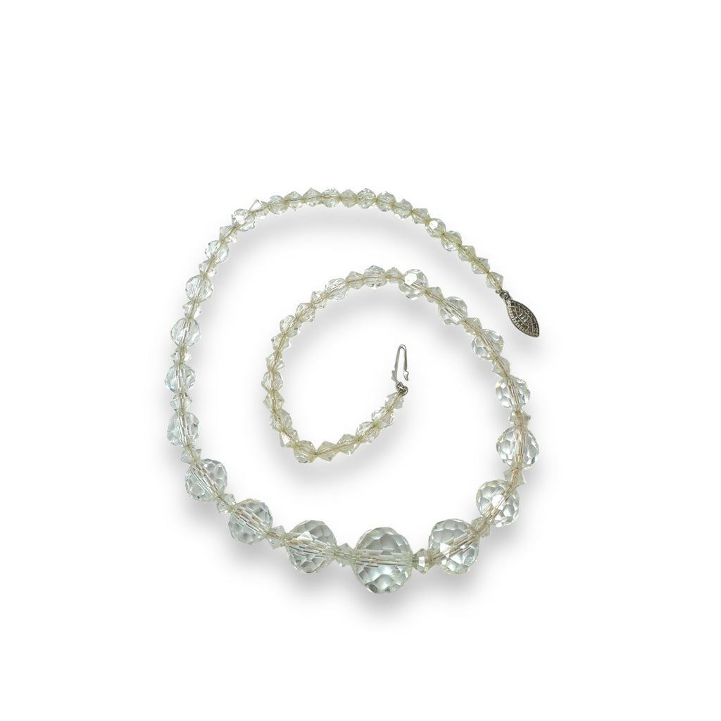 Art Deco Sterling Silver Faceted Crystal Bead Necklace On Chain Antique 16"