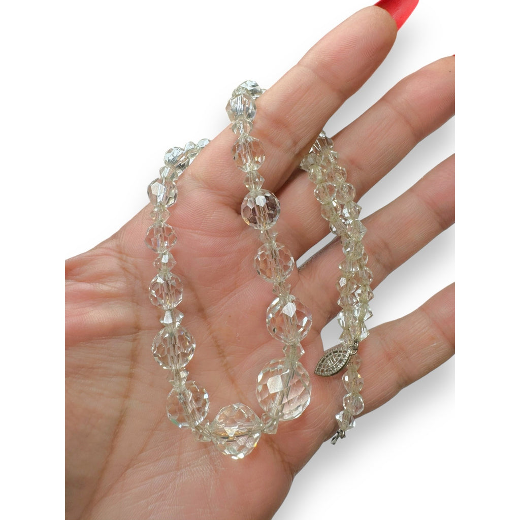 Art Deco Sterling Silver Faceted Crystal Bead Necklace On Chain Antique 16"