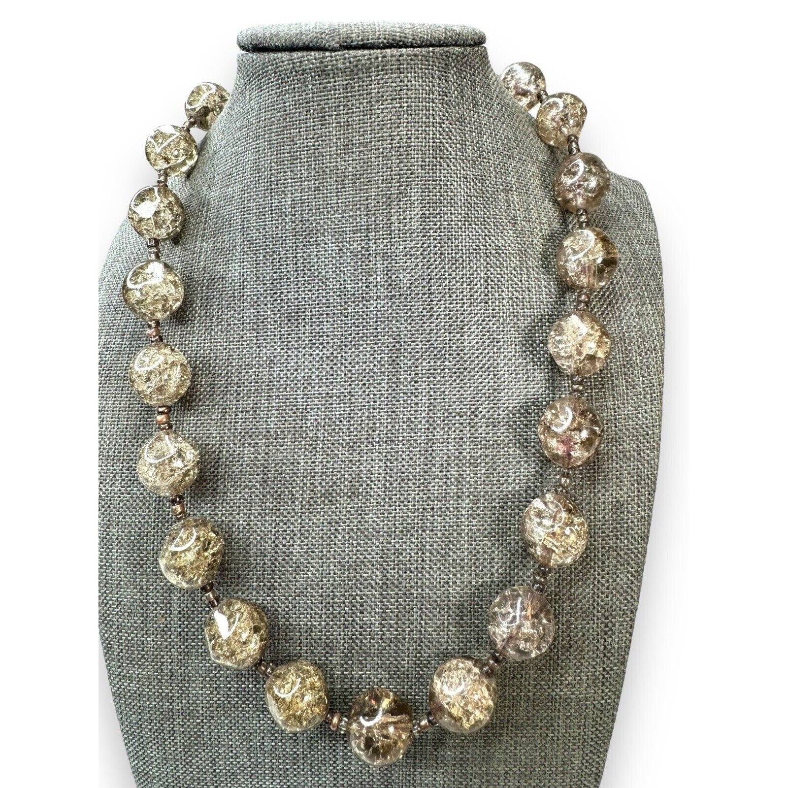 Contemporary Gray Crackle Glass Bead Necklace Copper Toggle 19.25"