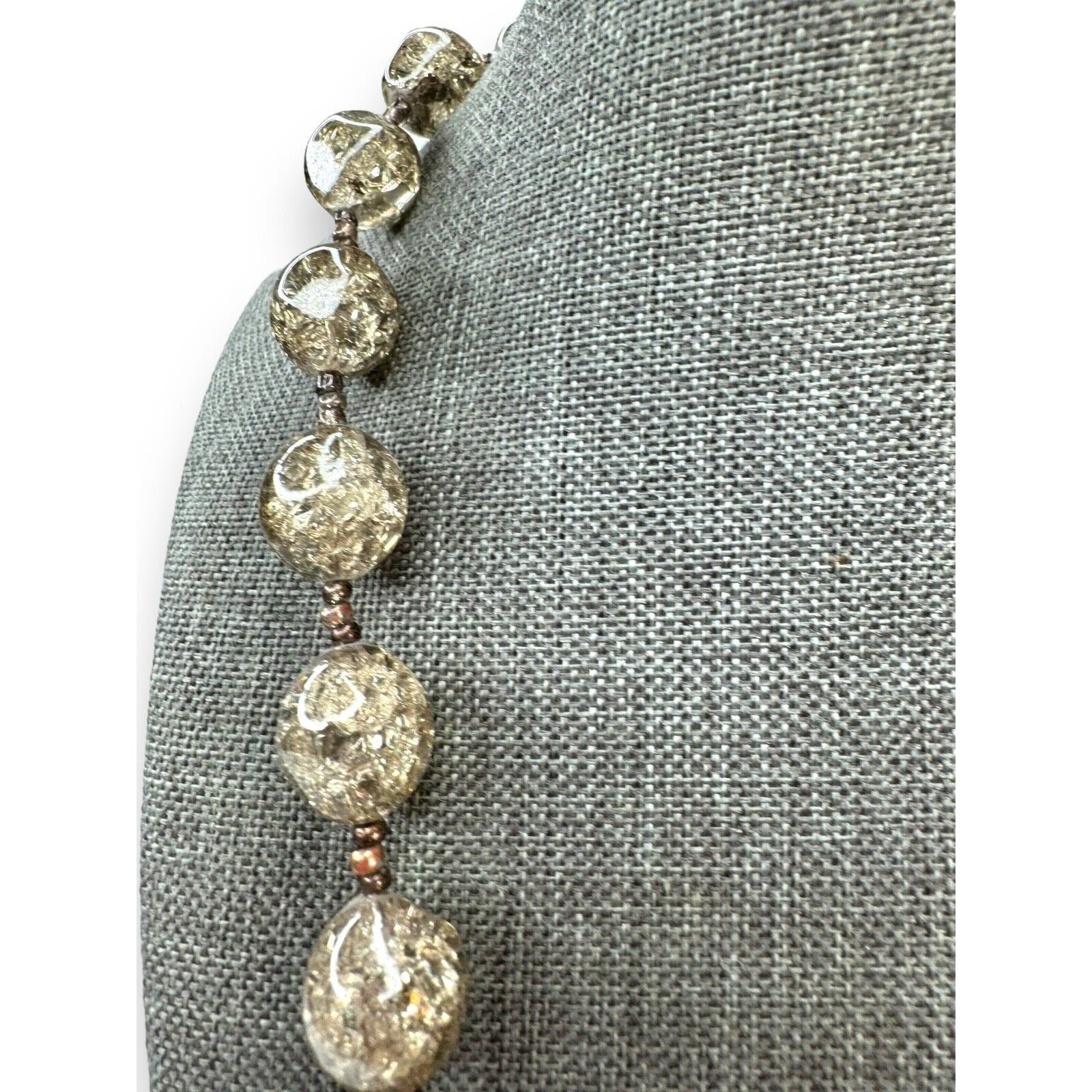 Contemporary Gray Crackle Glass Bead Necklace Copper Toggle 19.25"