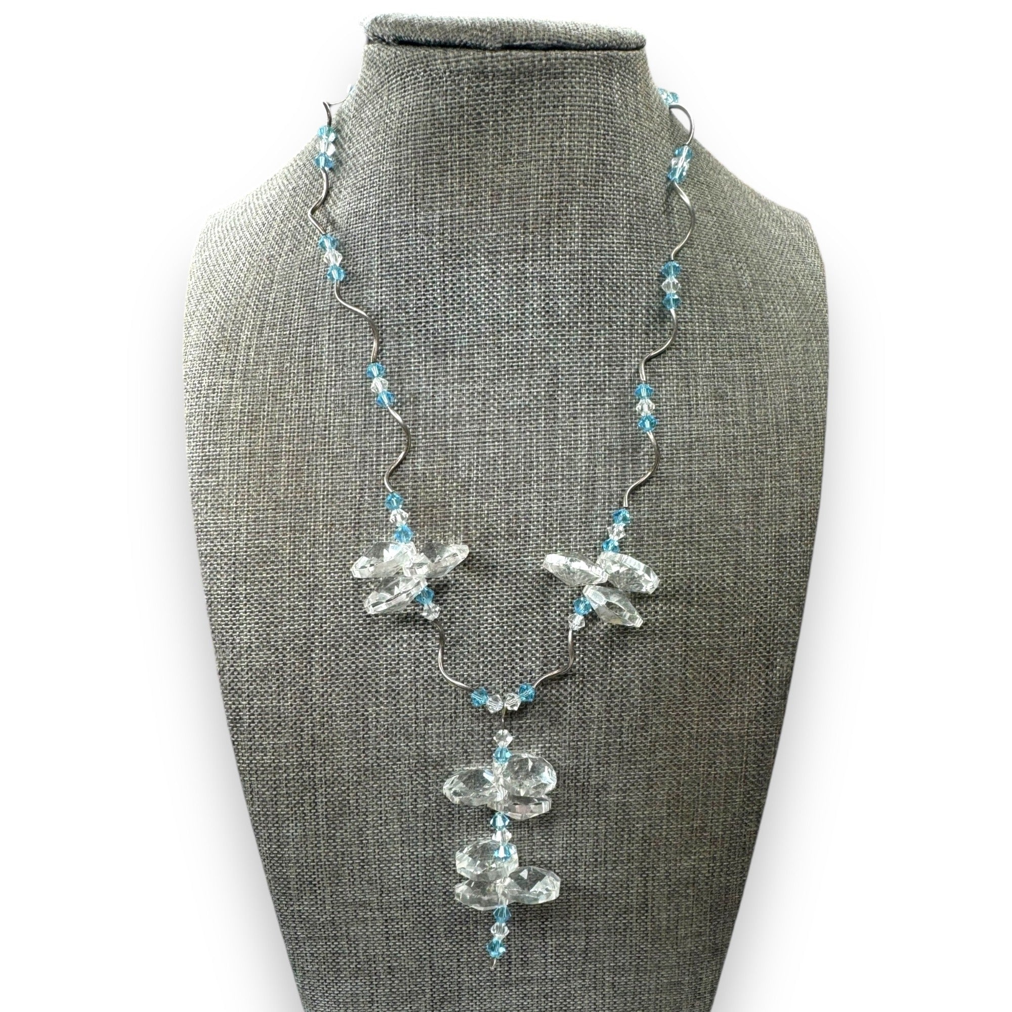 Blue Clear Crystal Glass Y Necklace Sterling Silver 16" Spring Ring Clasp