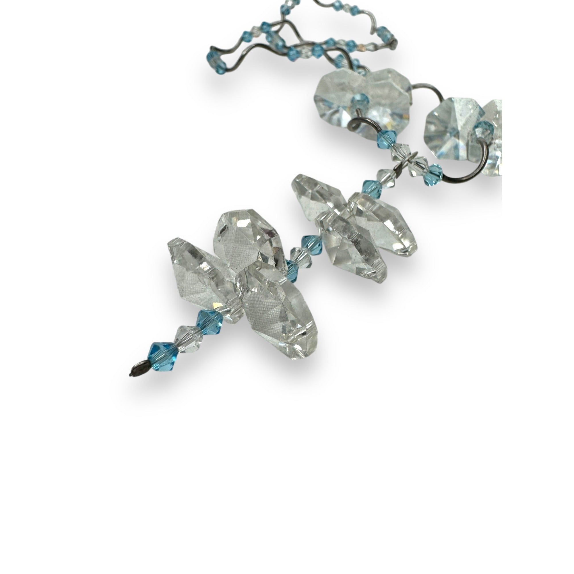 Blue Clear Crystal Glass Y Necklace Sterling Silver 16" Spring Ring Clasp