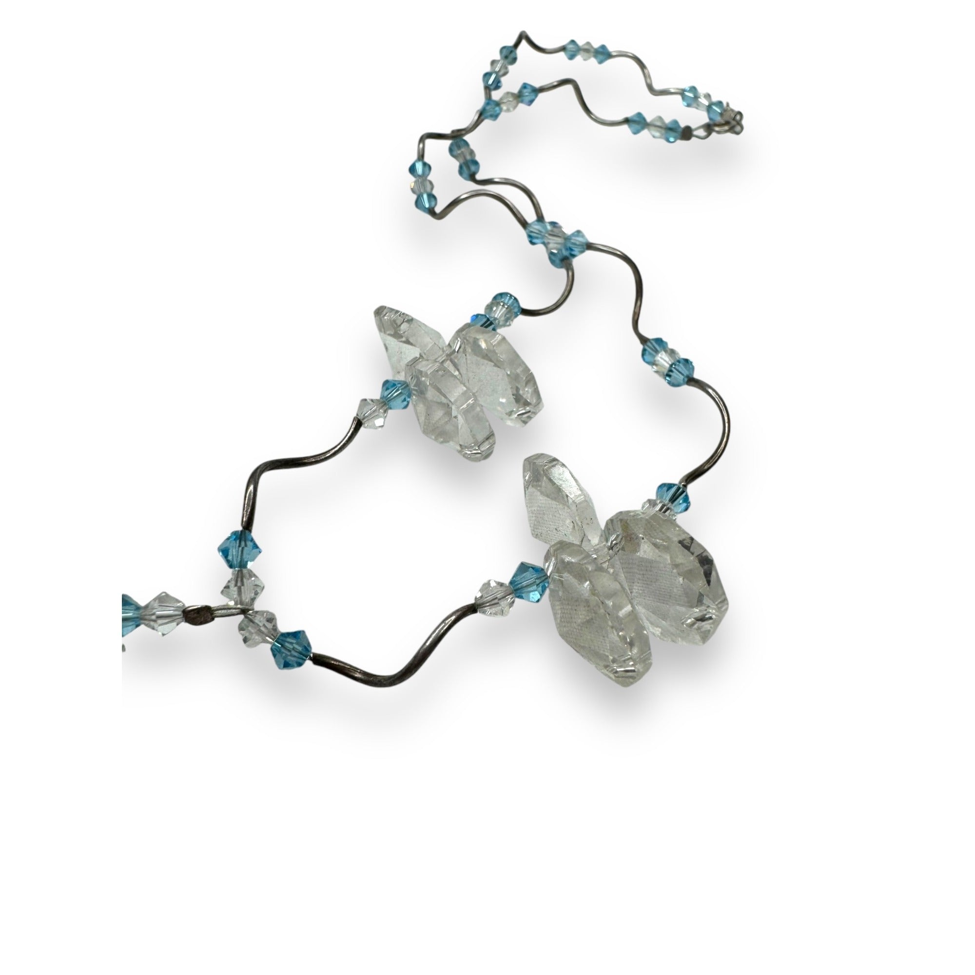 Blue Clear Crystal Glass Y Necklace Sterling Silver 16" Spring Ring Clasp