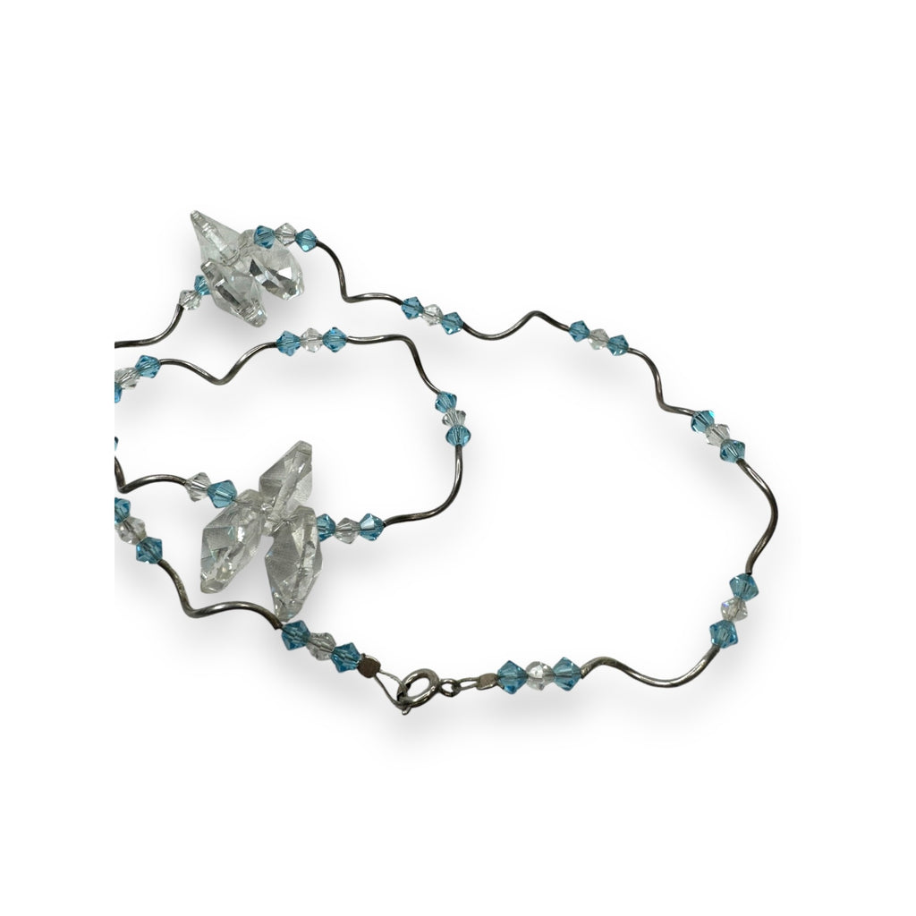 Blue Clear Crystal Glass Y Necklace Sterling Silver 16" Spring Ring Clasp