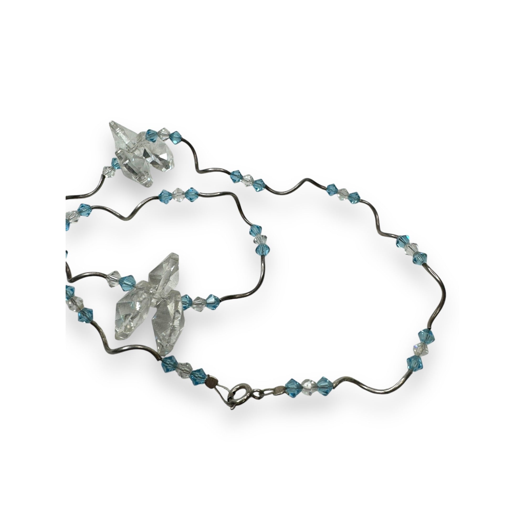 Blue Clear Crystal Glass Y Necklace Sterling Silver 16" Spring Ring Clasp