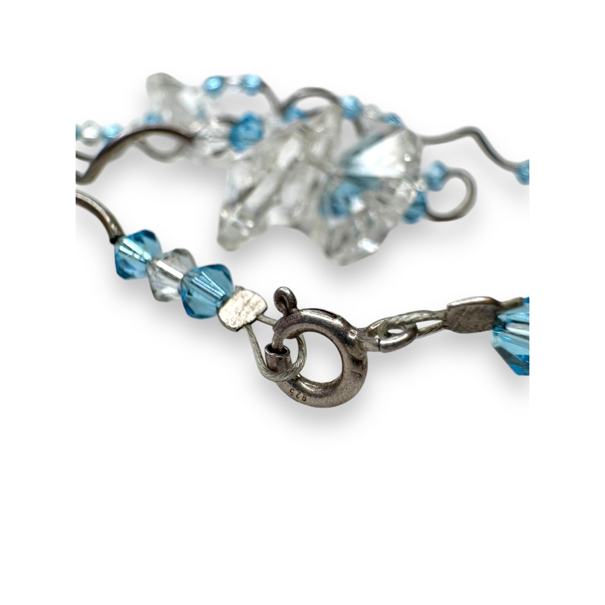 Blue Clear Crystal Glass Y Necklace Sterling Silver 16" Spring Ring Clasp