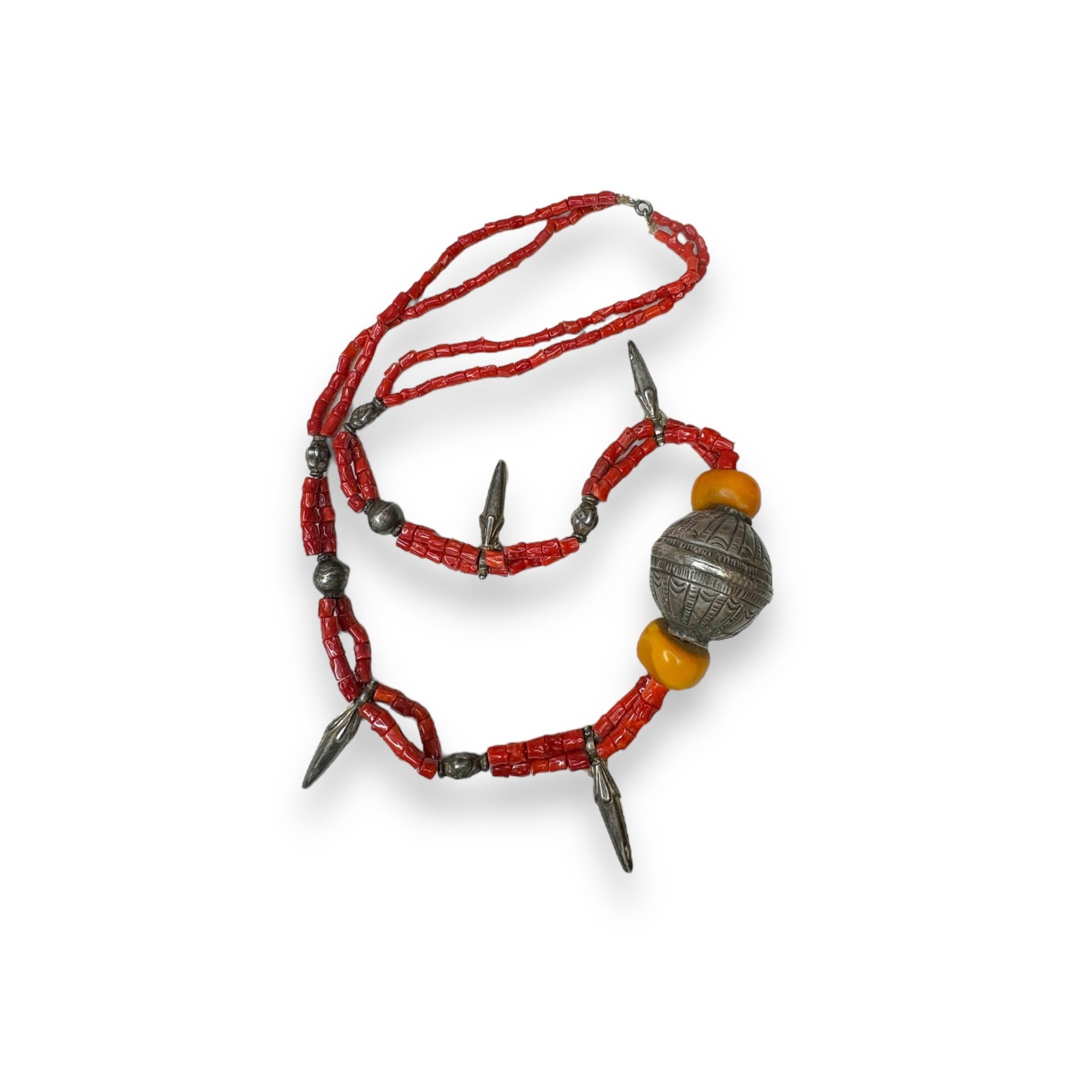 Vintage Berber Coral Amber Sterling Silver Amulet Necklace 30" 1940s African