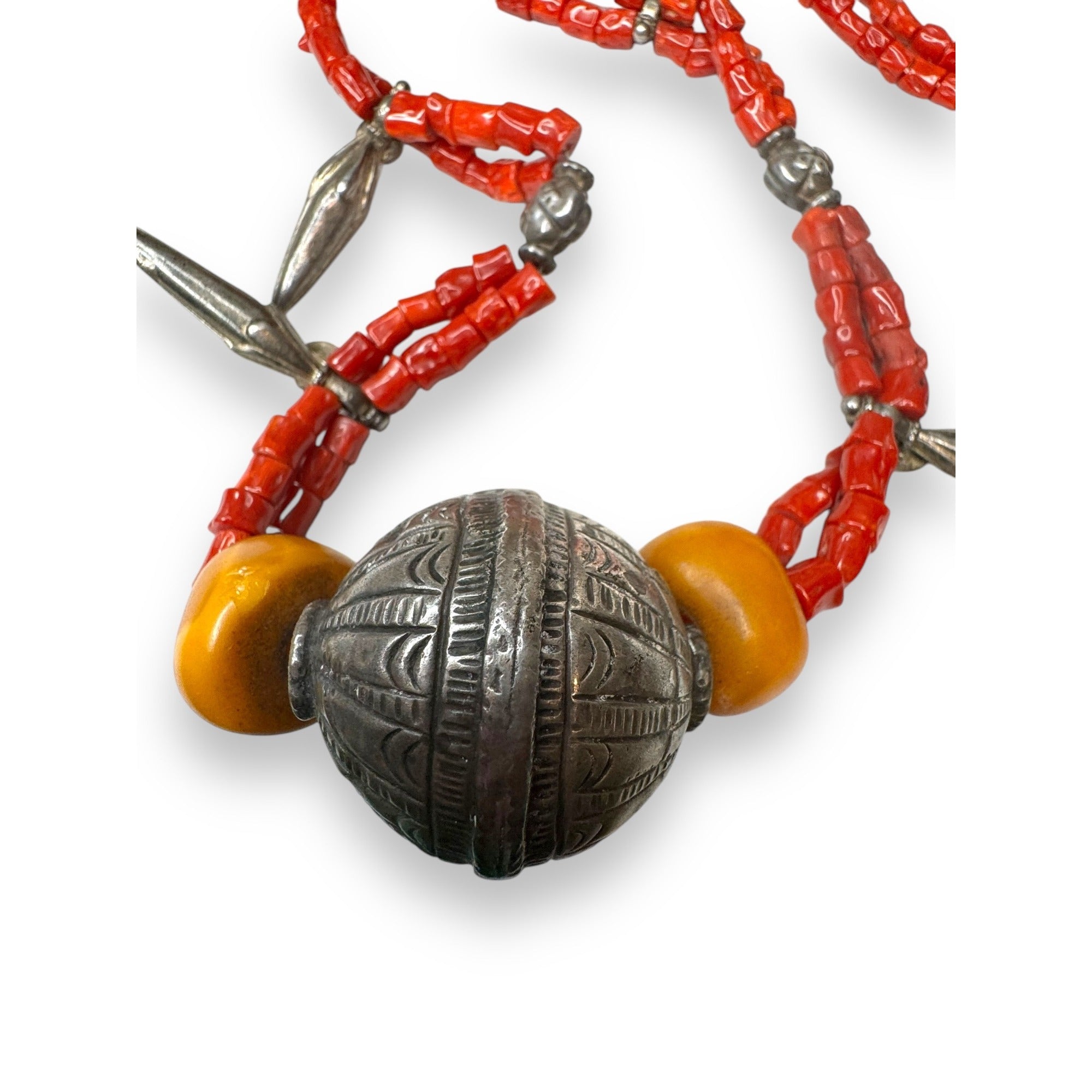 Vintage Berber Coral Amber Sterling Silver Amulet Necklace 30" 1940s African