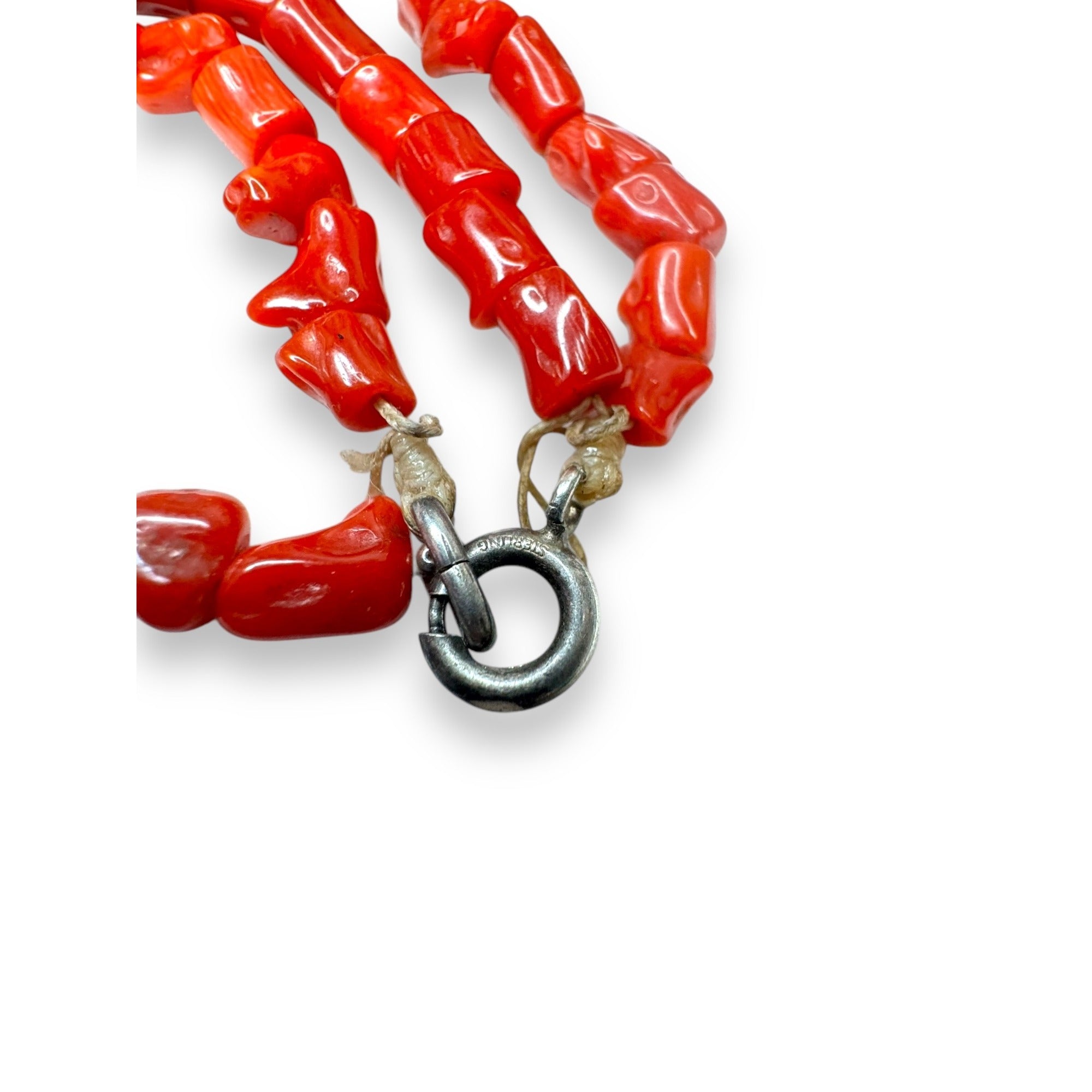 Vintage Berber Coral Amber Sterling Silver Amulet Necklace 30" 1940s African