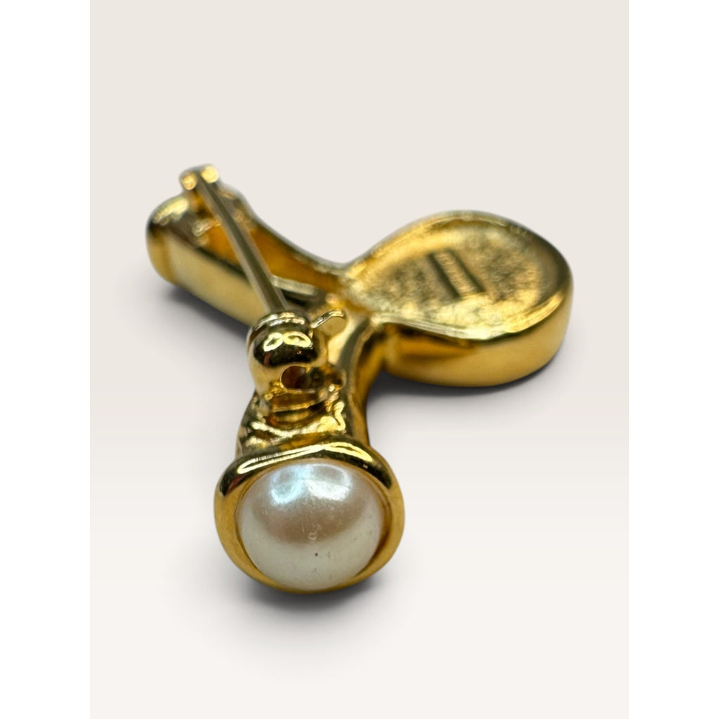 Richelieu 1980s Gold Tone Faux Pearl Abstract Crossover Swirl Brooch Pin 1.74"