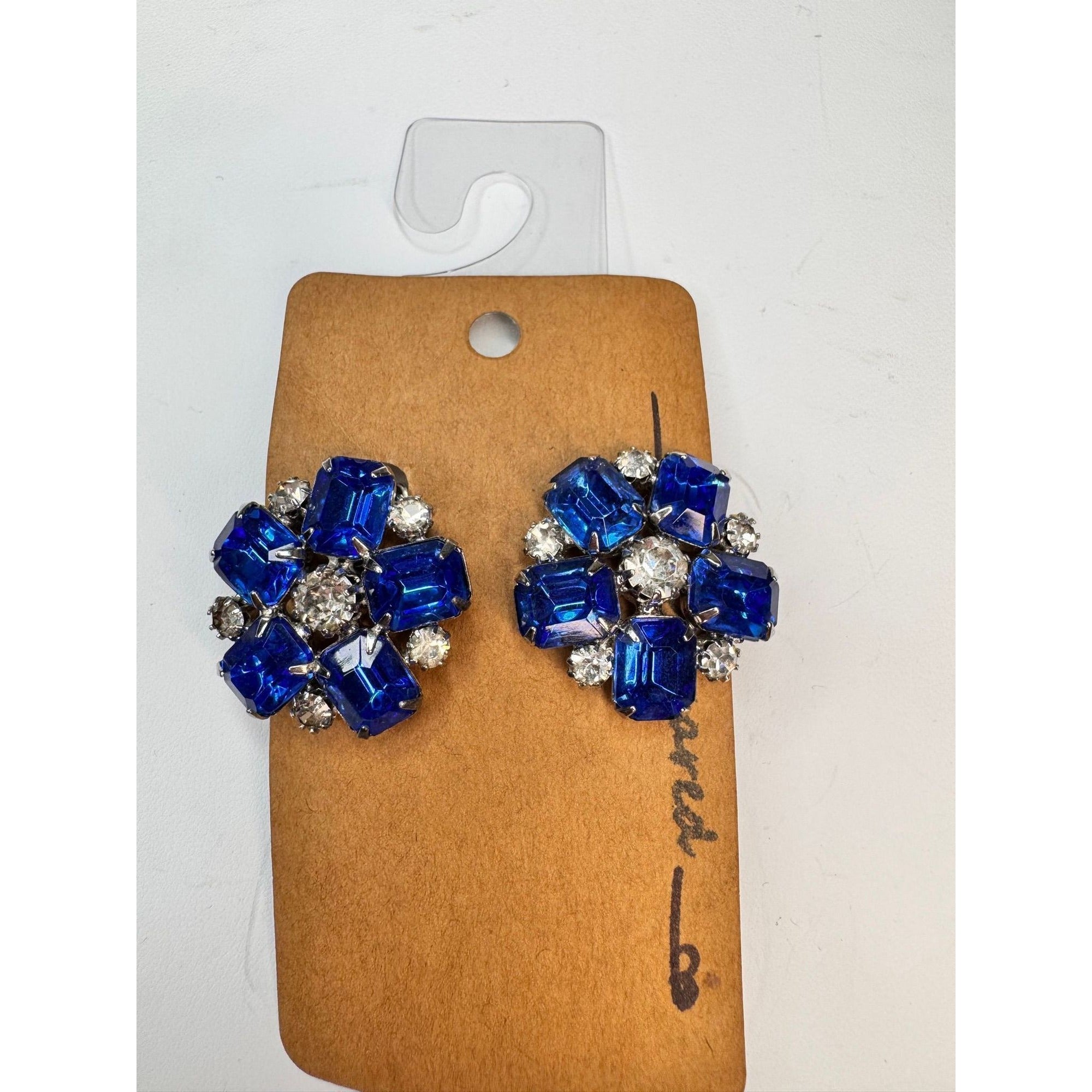blue clear crystal silver tone flower clip on earrings vintage