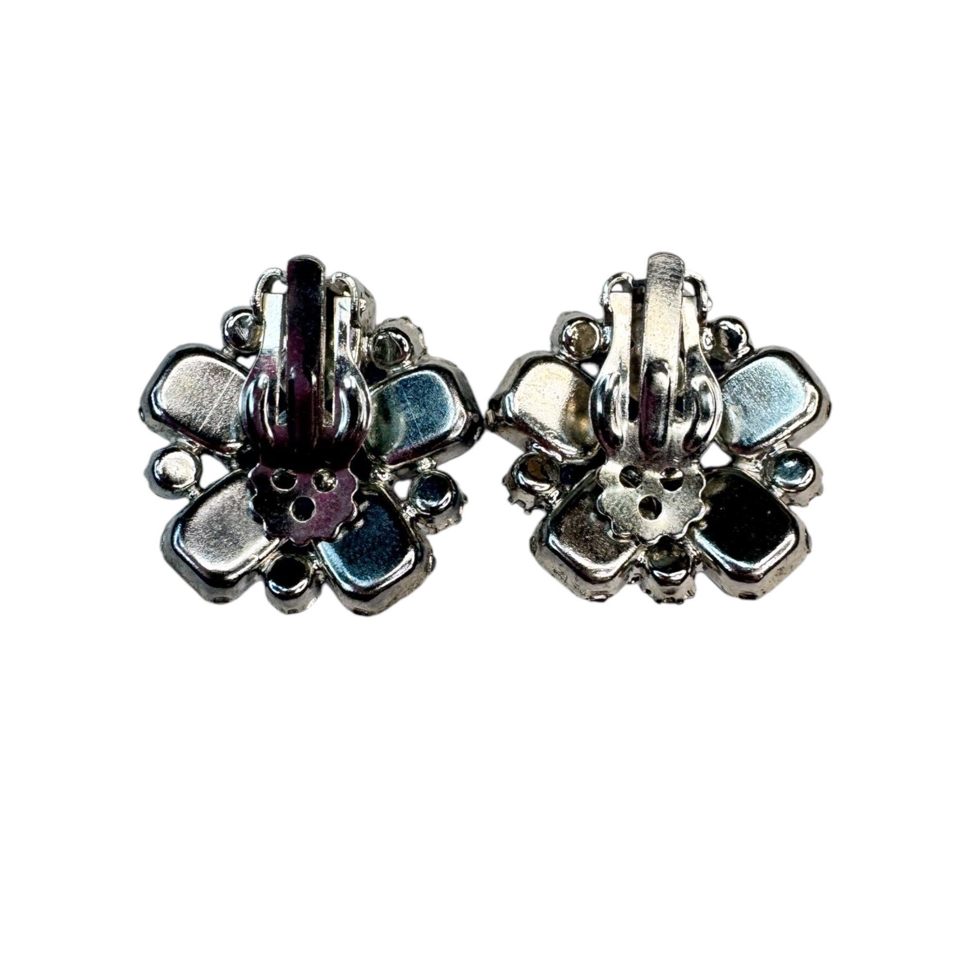 blue clear crystal silver tone flower clip on earrings vintage