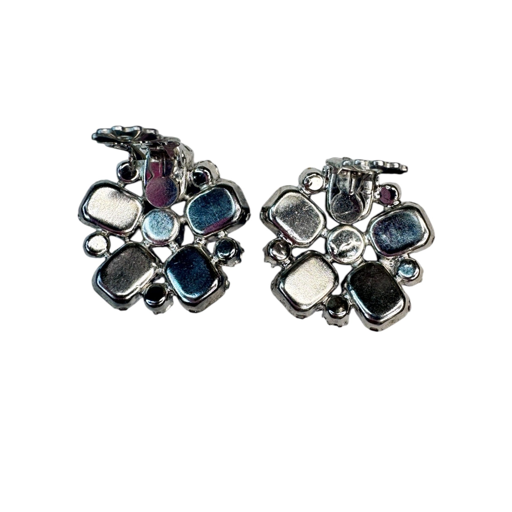 blue clear crystal silver tone flower clip on earrings vintage