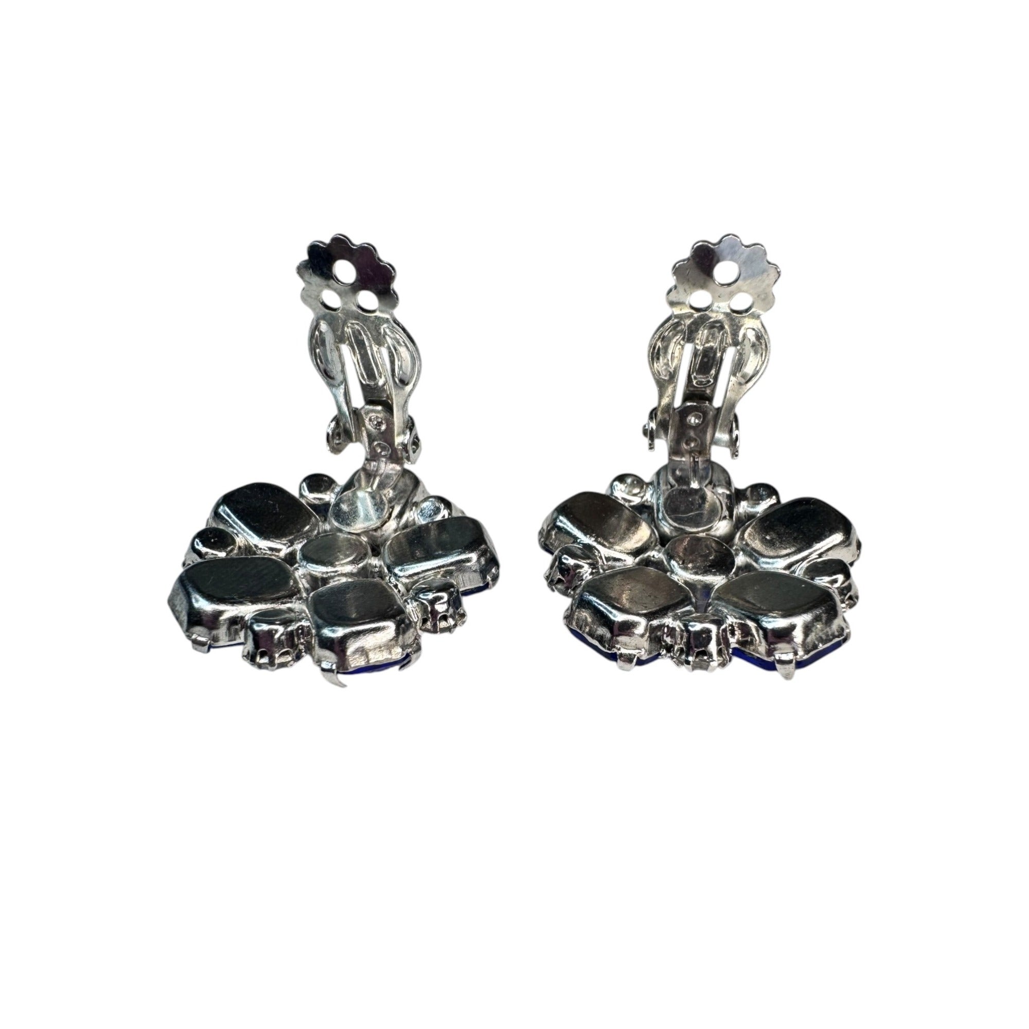 blue clear crystal silver tone flower clip on earrings vintage