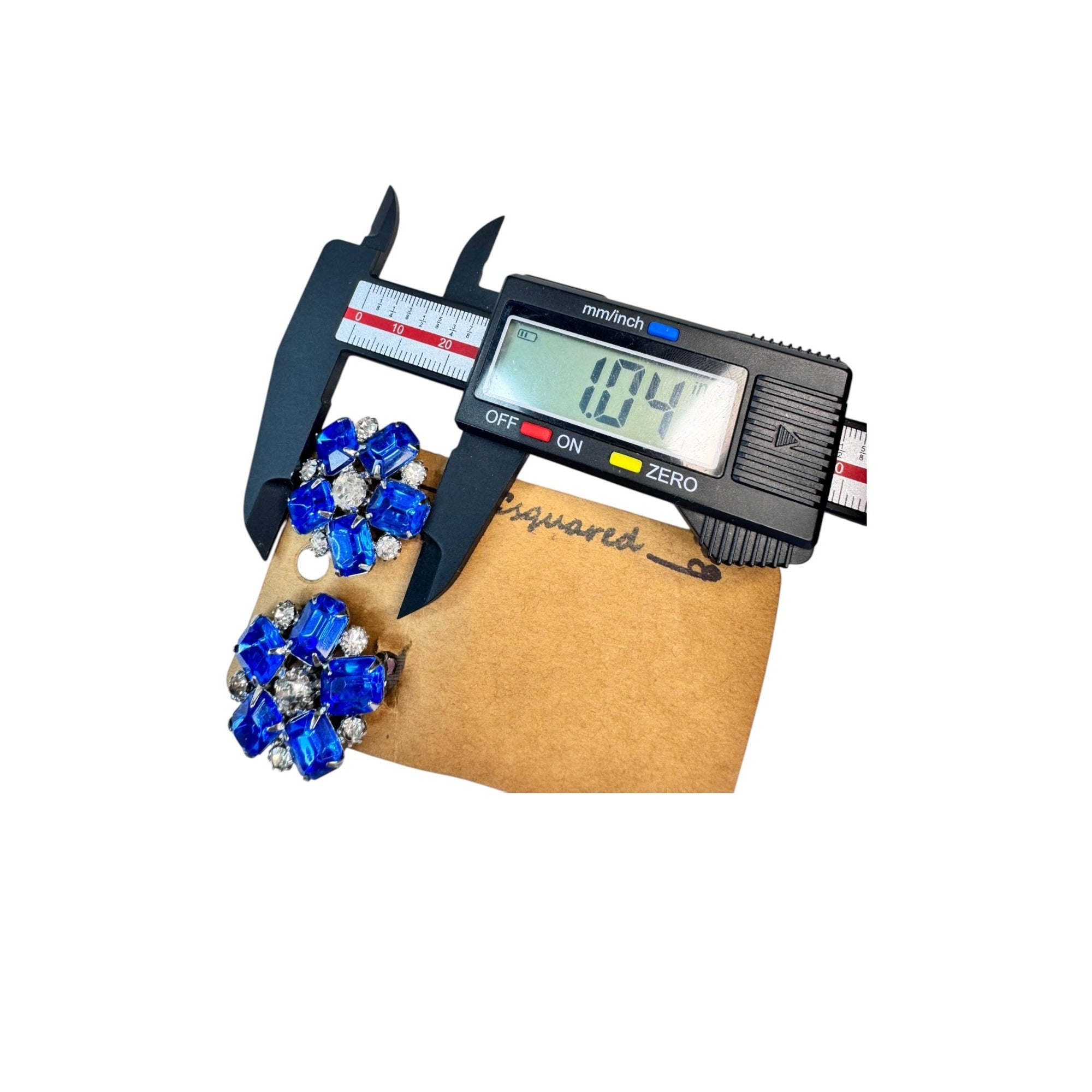 blue clear crystal silver tone flower clip on earrings vintage