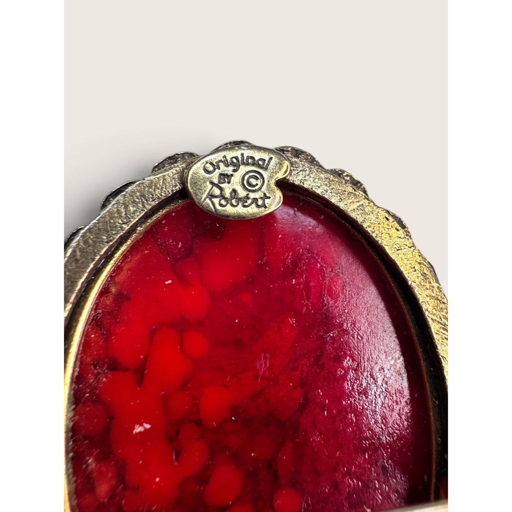 Original by Robert 1960s Red Slag Glass Oval Brooch Pin Pendant Vintage