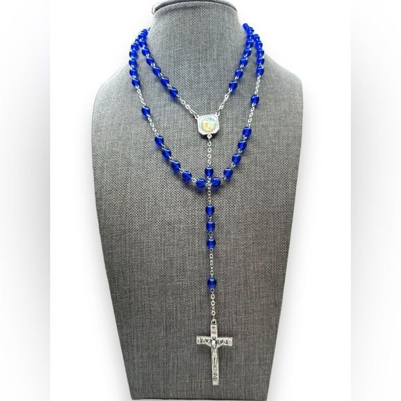 Italy Cobalt Blue Glass Rosary Silver Tone Crucifix Religious Catholic