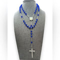 Italy Cobalt Blue Glass Rosary Silver Tone Crucifix Religious Catholic