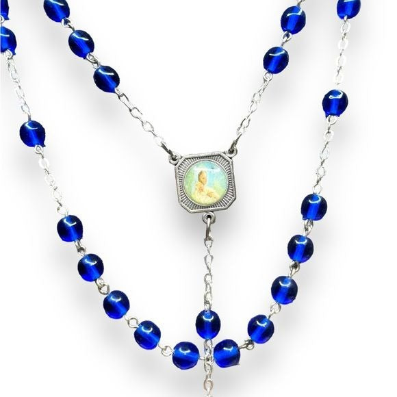 Italy Cobalt Blue Glass Rosary Silver Tone Crucifix Religious Catholic