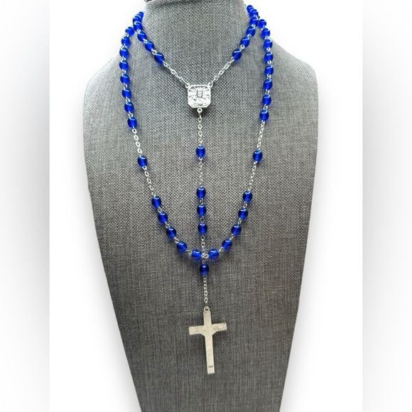 Italy Cobalt Blue Glass Rosary Silver Tone Crucifix Religious Catholic