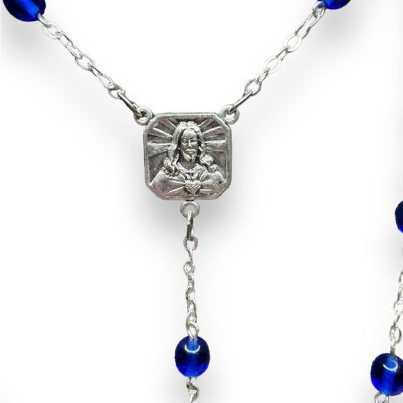Italy Cobalt Blue Glass Rosary Silver Tone Crucifix Religious Catholic