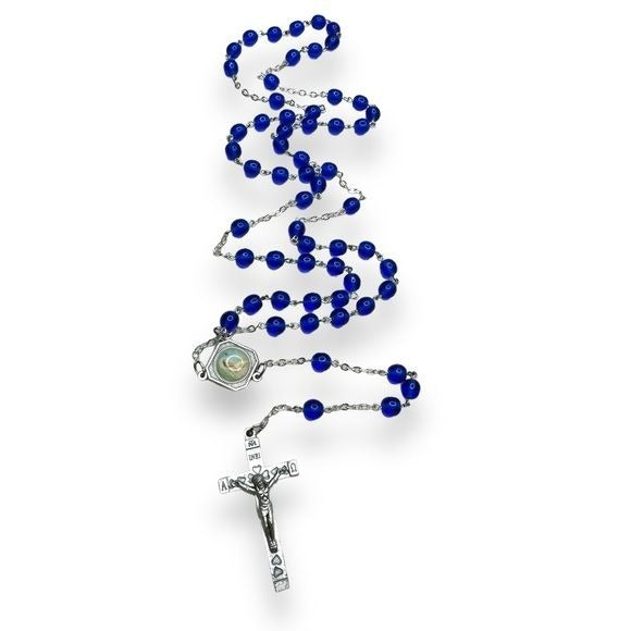 Italy Cobalt Blue Glass Rosary Silver Tone Crucifix Religious Catholic