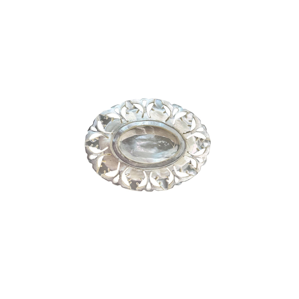 Bethlehem Mother of Pearl Carved Brooch Holy Land Floral Cutwork 1960s Vintage