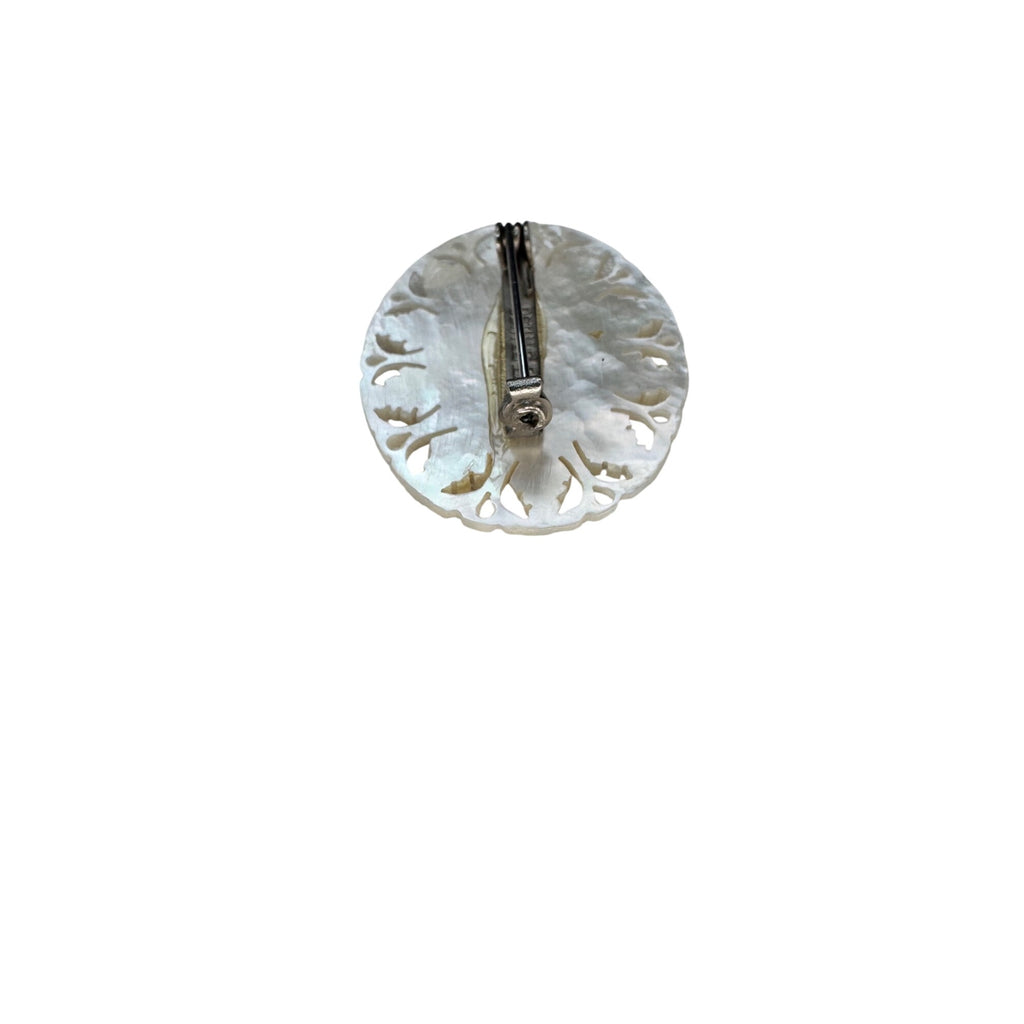 Bethlehem Mother of Pearl Carved Brooch Holy Land Floral Cutwork 1960s Vintage