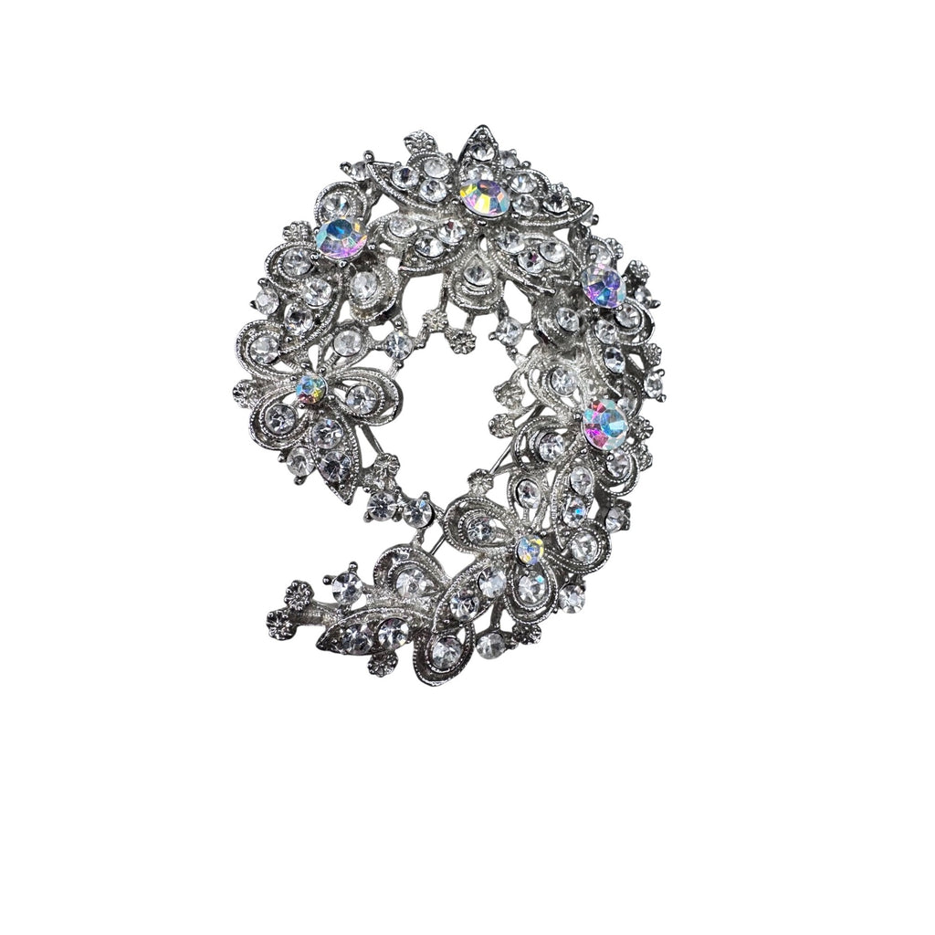 Unsigned Brooch Pendant Clear Crystal Silvertone Openwork Floral Statement 2010s
