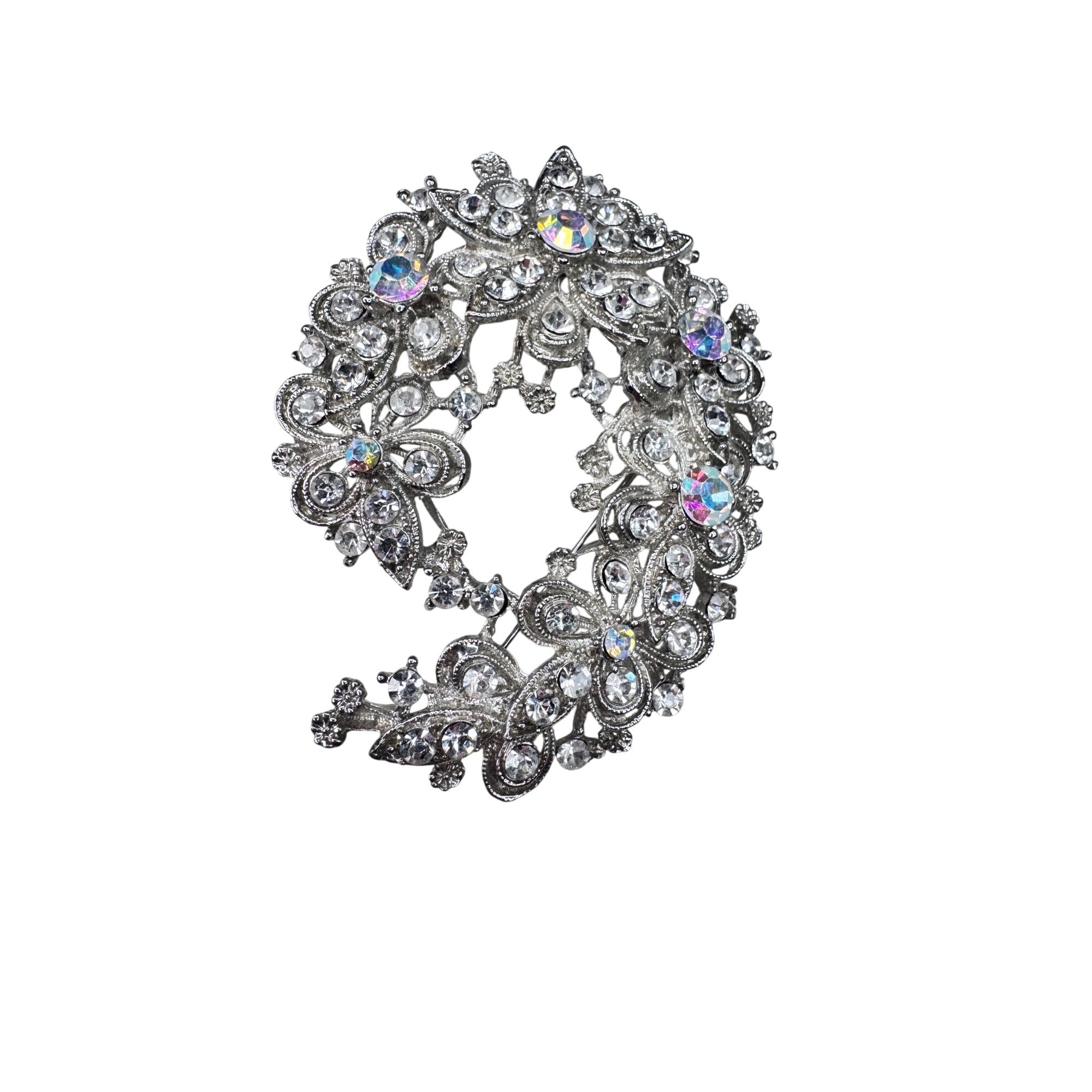 Unsigned Brooch Pendant Clear Crystal Silvertone Openwork Floral Statement 2010s