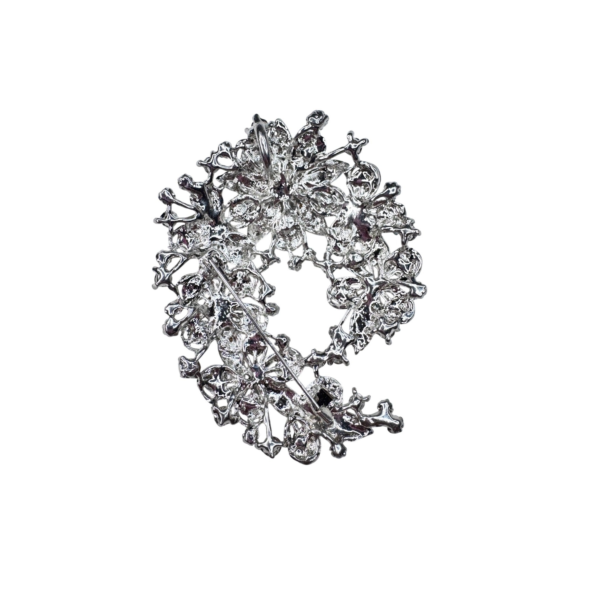 Unsigned Brooch Pendant Clear Crystal Silvertone Openwork Floral Statement 2010s
