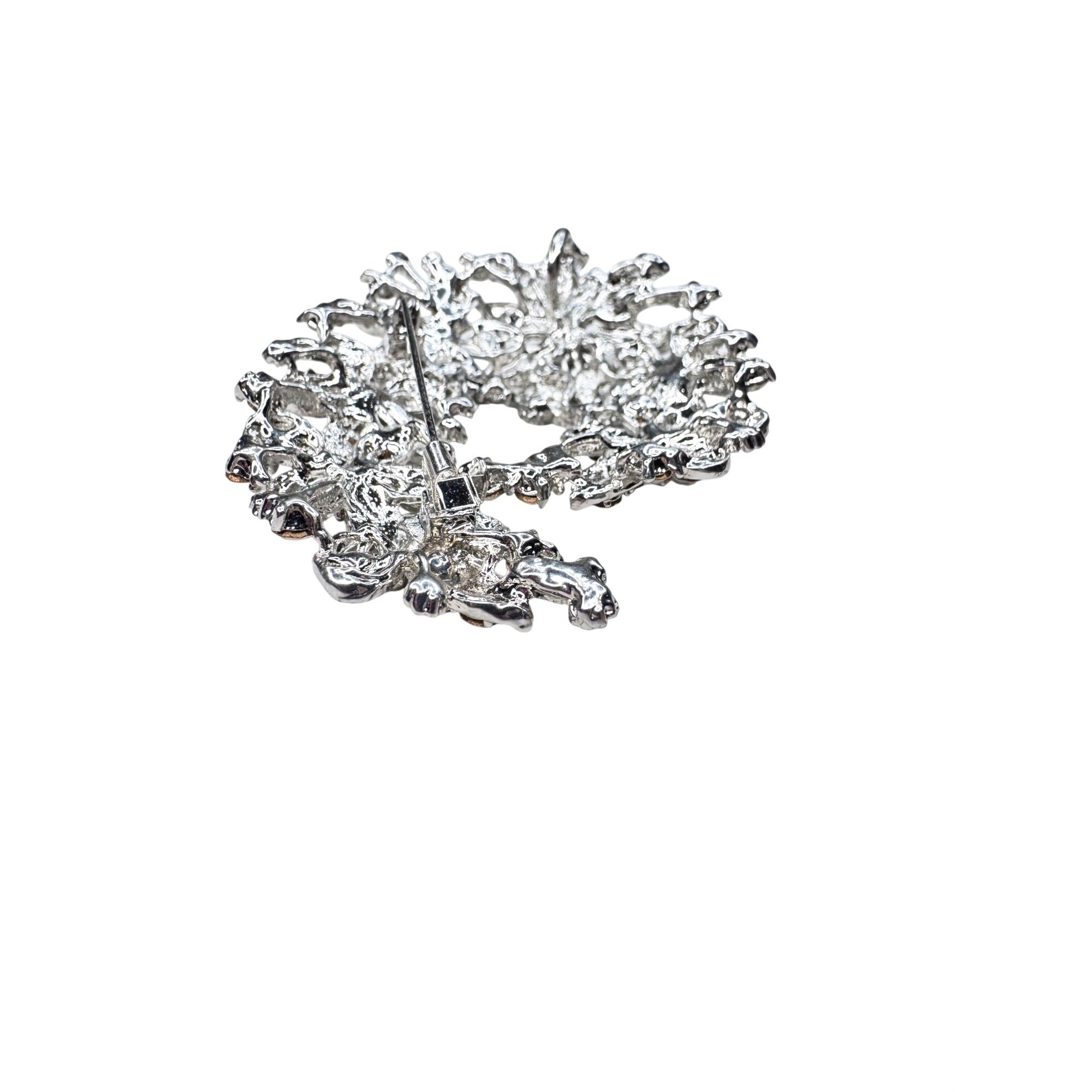 Unsigned Brooch Pendant Clear Crystal Silvertone Openwork Floral Statement 2010s