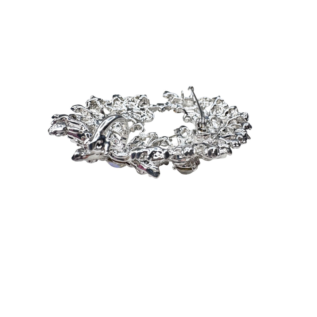 Unsigned Brooch Pendant Clear Crystal Silvertone Openwork Floral Statement 2010s