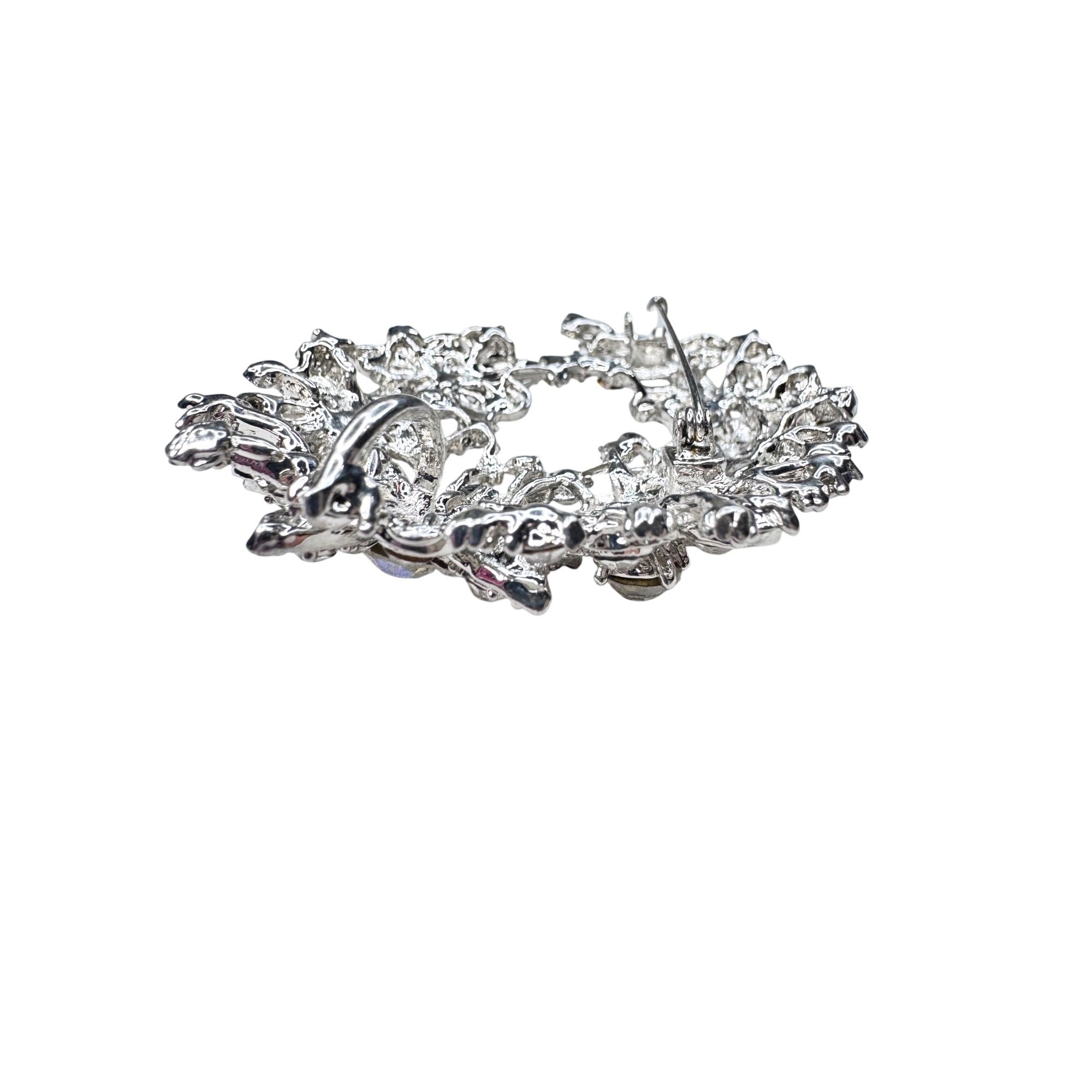 Unsigned Brooch Pendant Clear Crystal Silvertone Openwork Floral Statement 2010s