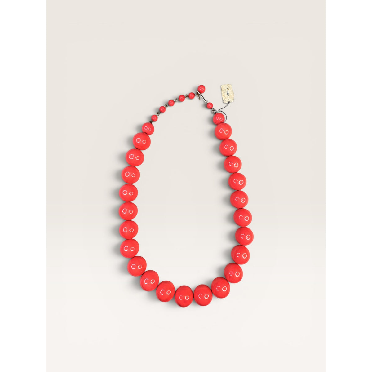 1960s Hong Kong Coral Red Plastic Graduated Bead Choker Necklace 18.75" Vintage