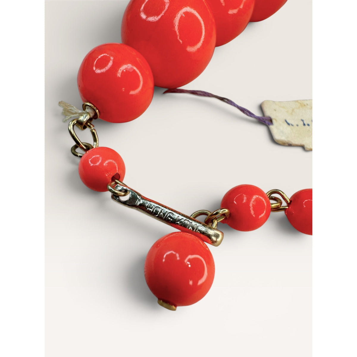 1960s Hong Kong Coral Red Plastic Graduated Bead Choker Necklace 18.75" Vintage