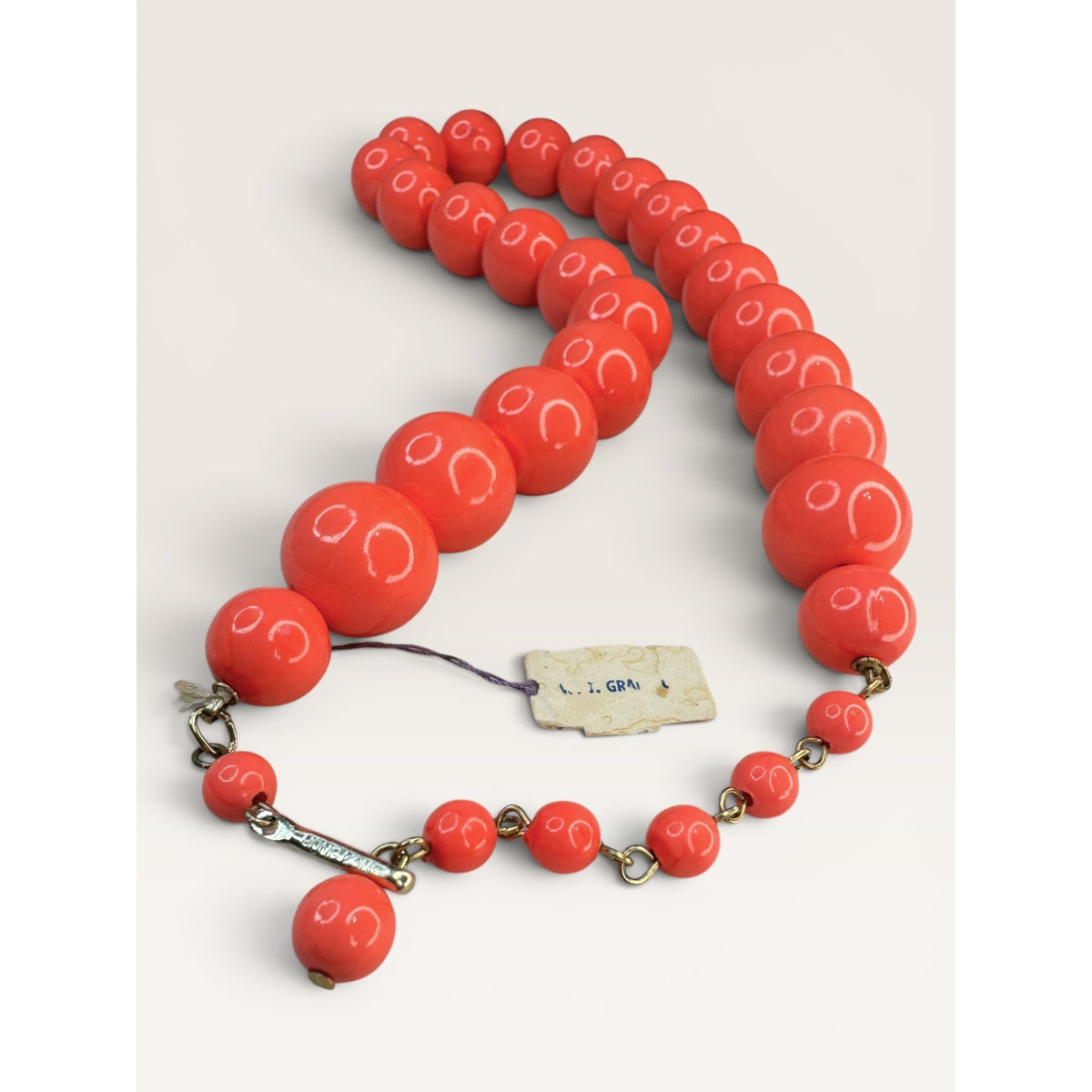 1960s Hong Kong Coral Red Plastic Graduated Bead Choker Necklace 18.75" Vintage