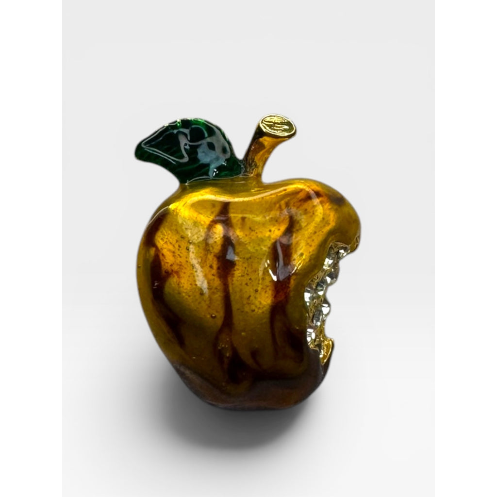 Crystal Bitten Apple Brooch Gold Tone Yellow Brown Green Enamel Teacher Pin