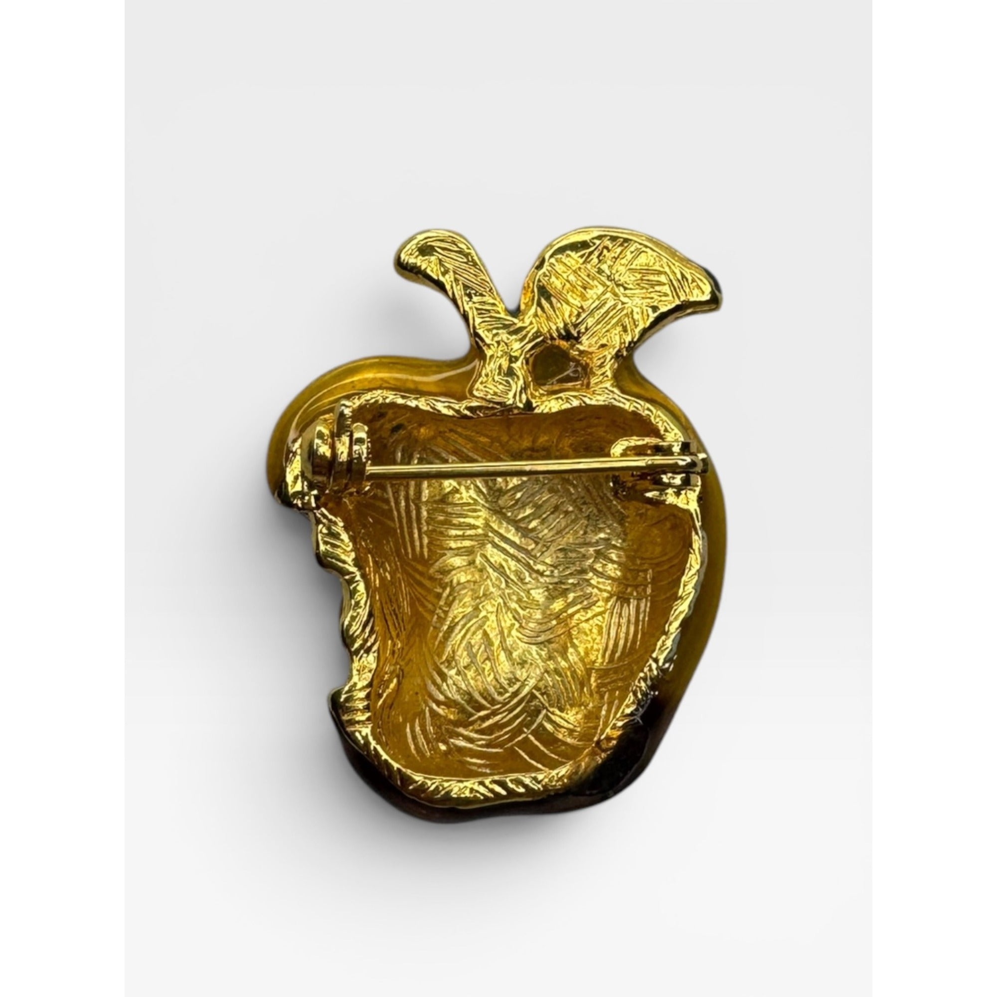 Crystal Bitten Apple Brooch Gold Tone Yellow Brown Green Enamel Teacher Pin