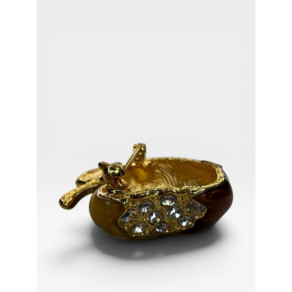 Crystal Bitten Apple Brooch Gold Tone Yellow Brown Green Enamel Teacher Pin