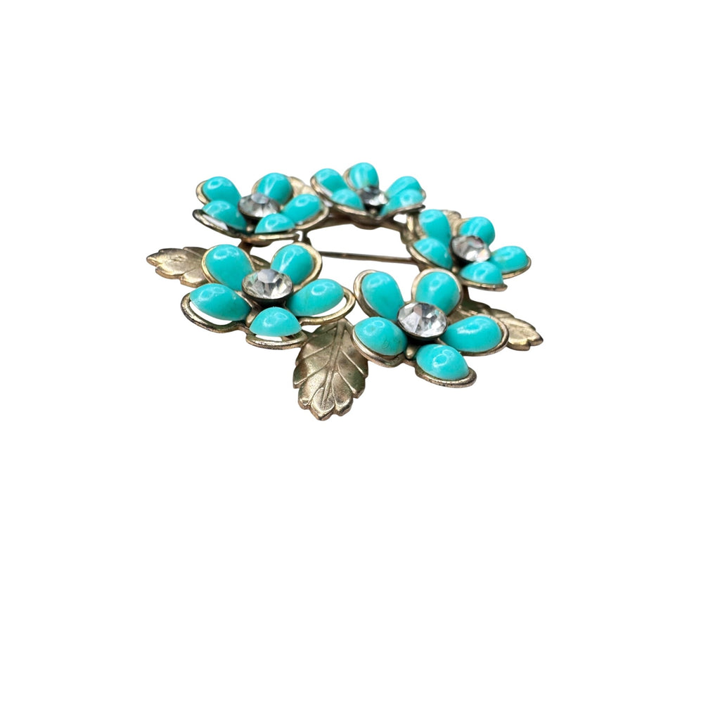 Unsigned Brooch Teal Acrylic Flower Wreath Crystal Gold Tone Floral 1960s Vintage