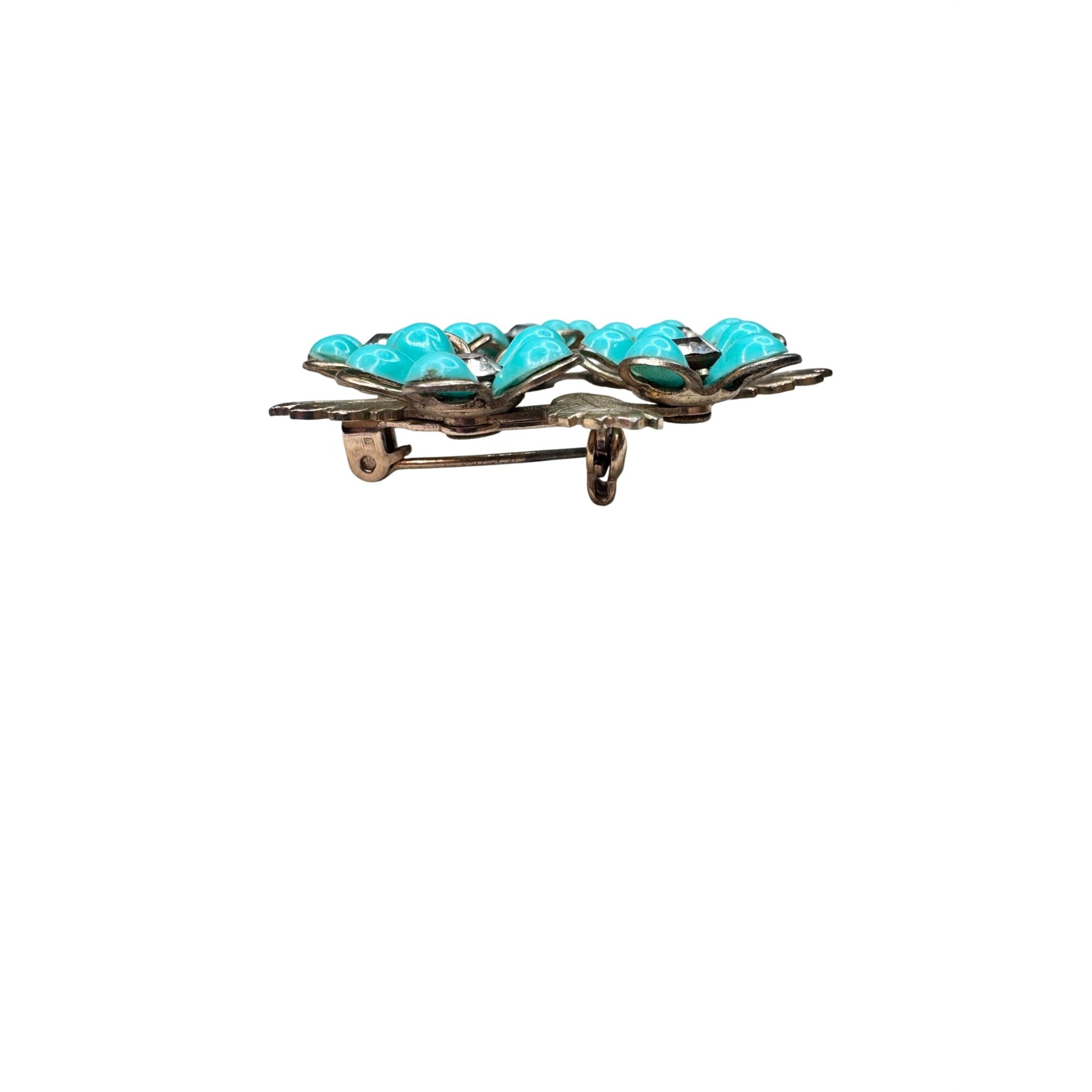 Unsigned Brooch Teal Acrylic Flower Wreath Crystal Gold Tone Floral 1960s Vintage